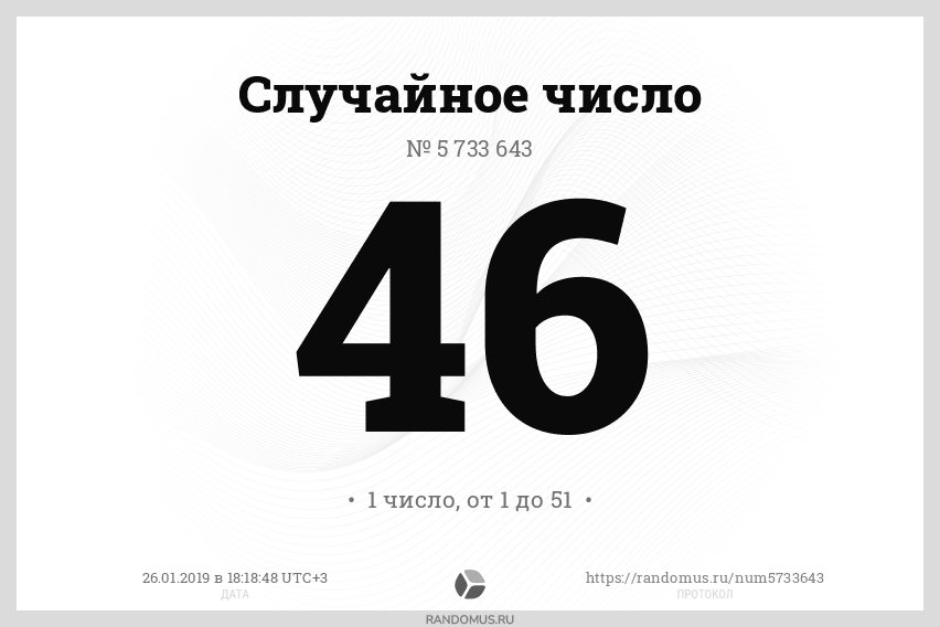 Рандомный розыгрыш чисел. Рандомус. Случайное число 221. Номер 46.